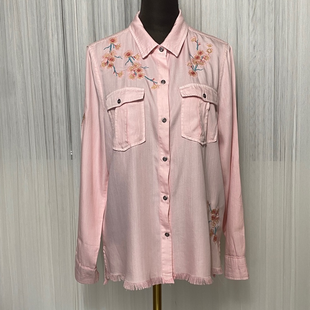 Billy T Lyocell/CottonEmbroidered Pink Women's Button up Frey Hem Boho - Picture 11 of 17